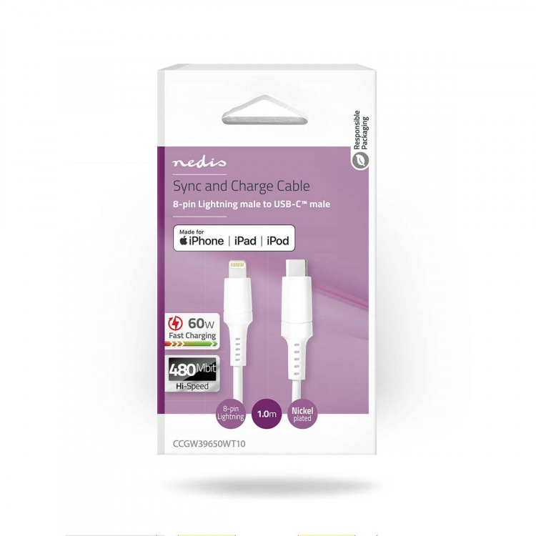 Nedis Lightning Kabel | USB 2.0 | Apple Lightning 8-Pins | USB-C™ Male | 480 Mbps | Vernikkeld | 1.00 m | Rond | PVC | Wit | Doos Nedis Lightning Kabel | USB 2.0 | Apple Lightning 8-Pins | USB-C™ Male | 480 Mbps | Vernikkeld | 1.00 m | Rond | PVC | Wit | Doos