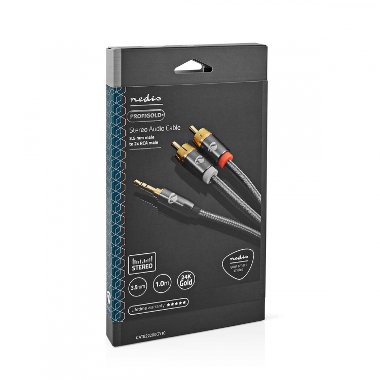 Nedis Stereo-Audiokabel | 3,5 mm Male | 2x RCA Male | Verguld | 1.00 m | Rond | Grijs / Gun Metal Grijs | Cover Window Box Nedis Stereo-Audiokabel | 3,5 mm Male | 2x RCA Male | Verguld | 1.00 m | Rond | Grijs / Gun Metal Grijs | Cover Window Box