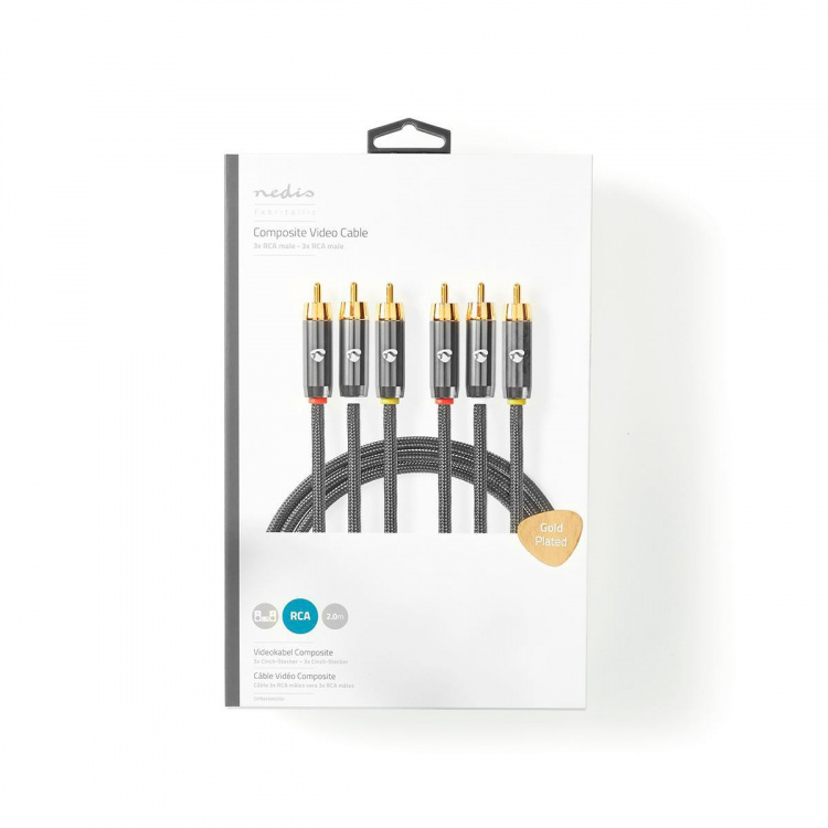 Nedis Composiet Videokabel | 3x RCA Male | 3x RCA Male | Verguld | 480p | 2.00 m | Rond | Katoen | Antraciet / Gun Metal Grijs | Cover Window Box