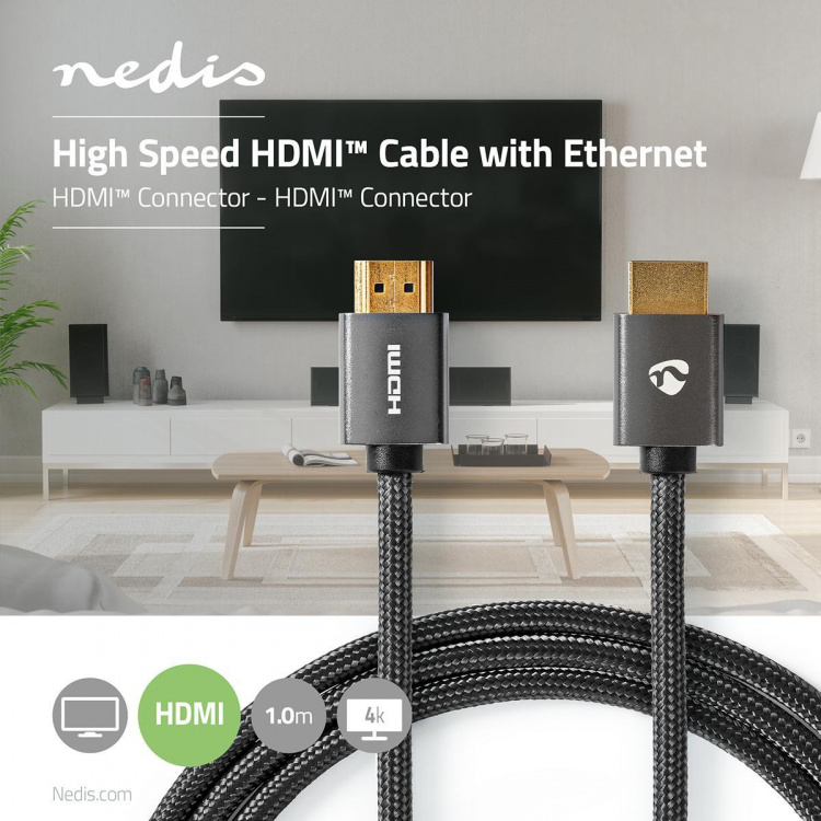 Nedis High Speed HDMI™-Kabel met Ethernet | HDMI™ Connector | HDMI™ Connector | 4K@60Hz | ARC | 18 Gbps | 1.00 m | Rond | Katoen | Gun Metal Grijs | Cover Window Box Nedis High Speed HDMI™-Kabel met Ethernet | HDMI™ Connector | HDMI™ Connector | 4K@60Hz | ARC | 18 Gbps | 1.00 m | Rond | Katoen | Gun Metal Grijs | Cover Window Box