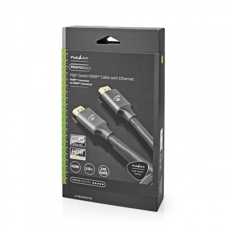 Nedis High Speed ​​HDMI™-Kabel met Ethernet | HDMI™ Connector | HDMI™ Connector | 4K@60Hz | ARC | 18 Gbps | 3.00 m | Rond | Katoen | Gun Metal Grijs | Cover Window Box