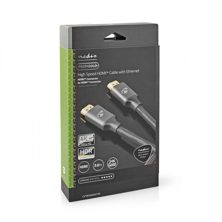 Nedis High Speed ​​HDMI™-Kabel met Ethernet | HDMI™ Connector | HDMI™ Connector | 4K@60Hz | ARC | 18 Gbps | 3.00 m | Rond | Katoen | Gun Metal Grijs | Cover Window Box