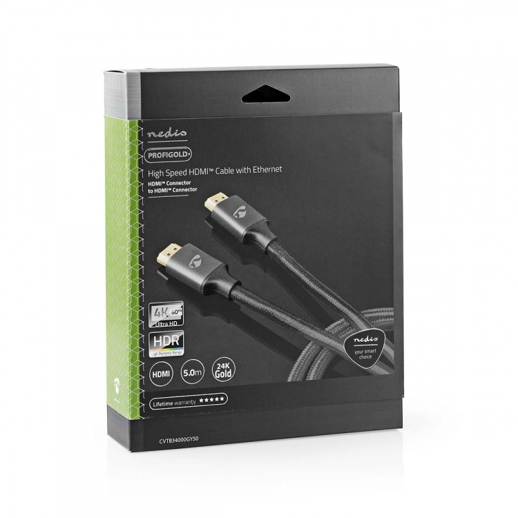 Nedis High Speed ​​HDMI™-Kabel met Ethernet | HDMI™ Connector | HDMI™ Connector | 4K@60Hz | ARC | 18 Gbps | 5.00 m | Rond | Katoen | Gun Metal Grijs | Cover Window Box