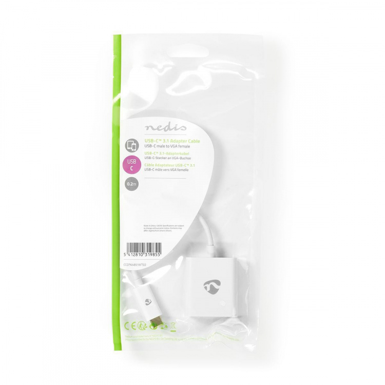 Nedis USB-C™ Adapter | USB 3.2 Gen 1 | USB-C™ Male | VGA Female 15p | 1080p | 5 Gbps | 0.20 m | Rond | Vernikkeld | PVC | Wit | Polybag Nedis USB-C™ Adapter | USB 3.2 Gen 1 | USB-C™ Male | VGA Female 15p | 1080p | 5 Gbps | 0.20 m | Rond | Vernikkeld | PVC | Wit | Polybag