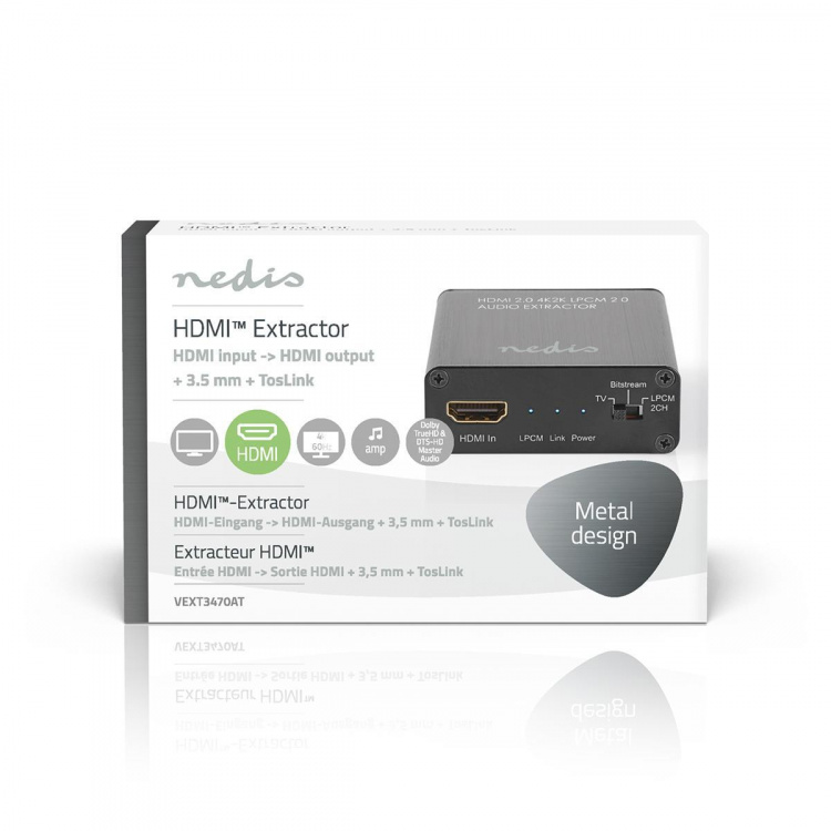 Nedis HDMI™-Extractor | HDMI™ Input | TosLink Female / 1x 3.5 mm / 1x HDMI™ Output | Maximale resolutie: 4K@60Hz | 18 Gbps | Metaal | Antraciet | Gift Box Nedis HDMI™-Extractor | HDMI™ Input | TosLink Female / 1x 3.5 mm / 1x HDMI™ Output | Maximale resolutie: 4K@60Hz | 18 Gbps | Metaal | Antraciet | Gift Box