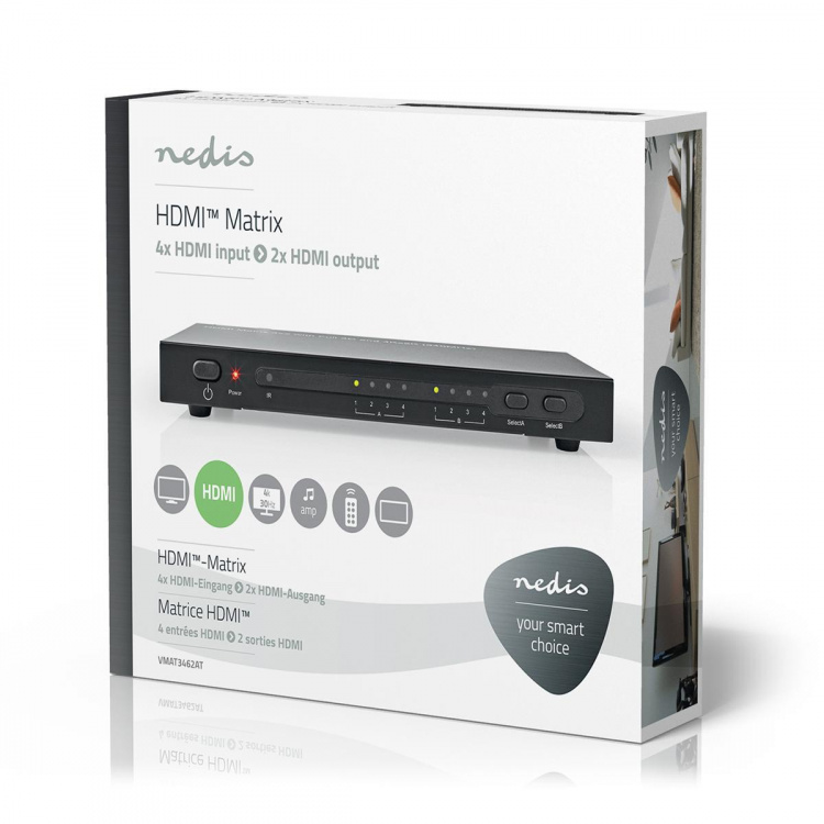Nedis HDMI™ Matrix-Switch | 4 x 2-Poorts poort(en) | 4x HDMI™ Input | 2x HDMI™ Output | 4K@30Hz | 3.4 Gbps | Afstandbestuurbaar | Metaal | Antraciet