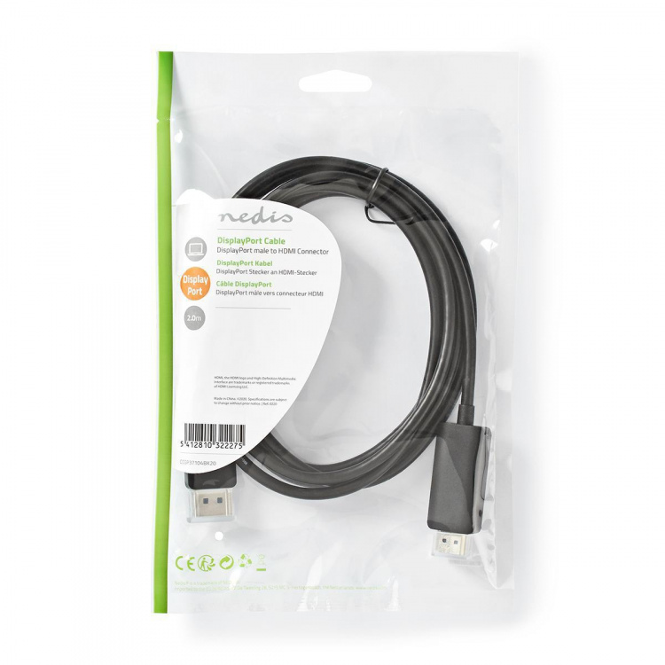 Nedis DisplayPort-Kabel | DisplayPort Male | HDMI™ Connector | 4K@60Hz | Vernikkeld | 2.00 m | Rond | PVC | Zwart | Polybag Nedis DisplayPort-Kabel | DisplayPort Male | HDMI™ Connector | 4K@60Hz | Vernikkeld | 2.00 m | Rond | PVC | Zwart | Polybag