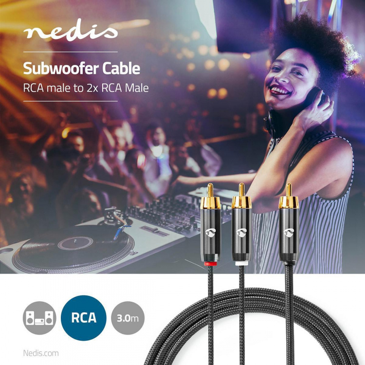 Nedis Subwoofer-Kabel | RCA Male | 2x RCA Male | Verguld | 3.00 m | Rond | 4.5 mm | Grijs / Gun Metal Grijs | Cover Window Box