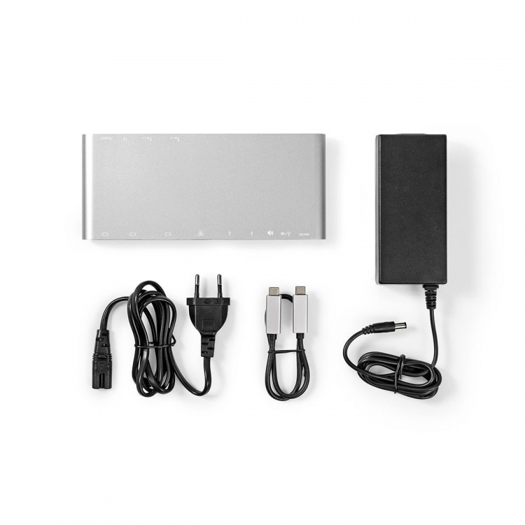 Nedis USB Docking Station | USB 3.2 Gen 1 | USB-C™ Male | DisplayPort Female / HDMI™ Output / RJ45 Female / VGA Female 15p / 2x 3,5 mm Female / 2x USB-C™ / 4x USB-A | 0.20 m | Rond | Vernikkeld | Gevlochten / Nylon | Wit | Window Box met Euro Lock