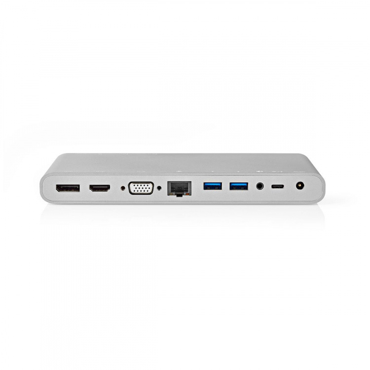Nedis USB Docking Station | USB 3.2 Gen 1 | USB-C™ Male | DisplayPort Female / HDMI™ Output / RJ45 Female / VGA Female 15p / 2x 3,5 mm Female / 2x USB-C™ / 4x USB-A | 0.20 m | Rond | Vernikkeld | Gevlochten / Nylon | Wit | Window Box met Euro Lock