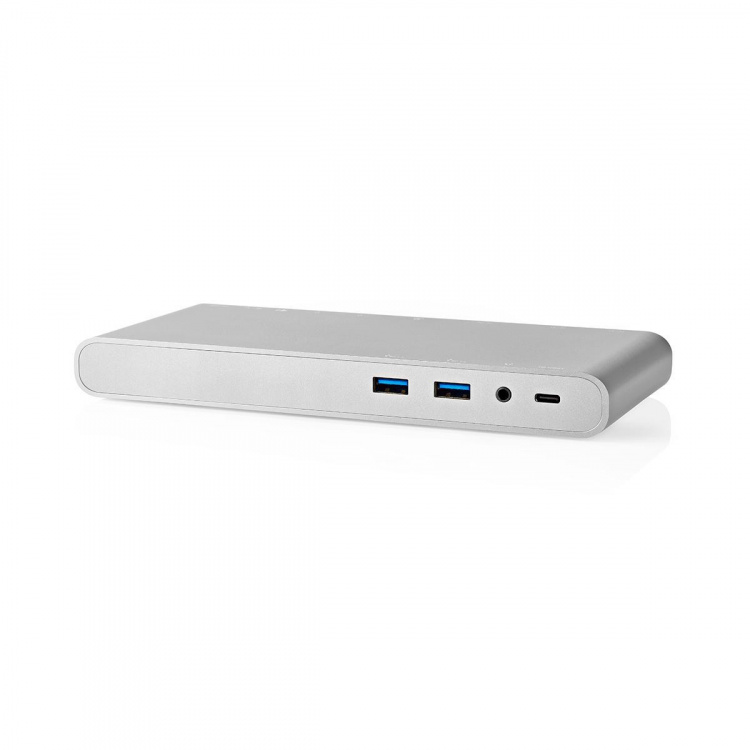 Nedis USB Docking Station | USB 3.2 Gen 1 | USB-C™ Male | DisplayPort Female / HDMI™ Output / RJ45 Female / VGA Female 15p / 2x 3,5 mm Female / 2x USB-C™ / 4x USB-A | 0.20 m | Rond | Vernikkeld | Gevlochten / Nylon | Wit | Window Box met Euro Lock