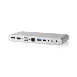 Nedis USB Docking Station | USB 3.2 Gen 1 | USB-C™ Male | DisplayPort Female / HDMI™ Output / RJ45 Female / VGA Female 15p / 2x 3,5 mm Female / 2x USB-C™ / 4x USB-A | 0.20 m | Rond | Vernikkeld | Gevlochten / Nylon | Wit | Window Box met Euro Lock