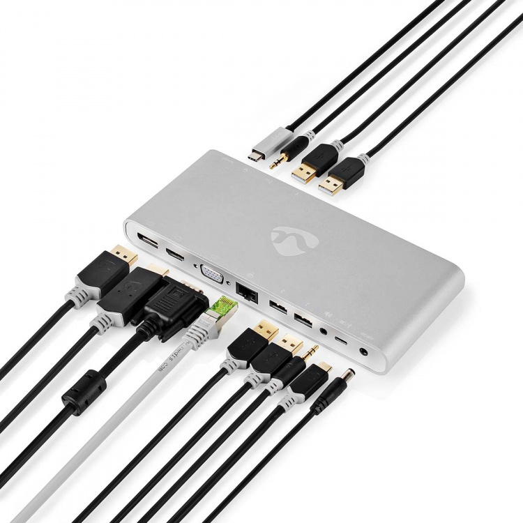 Nedis USB Docking Station | USB 3.2 Gen 1 | USB-C™ Male | DisplayPort Female / HDMI™ Output / RJ45 Female / VGA Female 15p / 2x 3,5 mm Female / 2x USB-C™ / 4x USB-A | 0.20 m | Rond | Vernikkeld | Gevlochten / Nylon | Wit | Window Box met Euro Lock