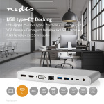 Nedis USB Docking Station | USB 3.2 Gen 1 | USB-C™ Male | DisplayPort Female / HDMI™ Output / RJ45 Female / VGA Female 15p / 2x 3,5 mm Female / 2x USB-C™ / 4x USB-A | 0.20 m | Rond | Vernikkeld | Gevlochten / Nylon | Wit | Window Box met Euro Lock