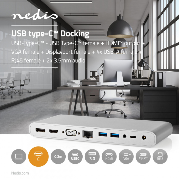 Nedis USB Docking Station | USB 3.2 Gen 1 | USB-C™ Male | DisplayPort Female / HDMI™ Output / RJ45 Female / VGA Female 15p / 2x 3,5 mm Female / 2x USB-C™ / 4x USB-A | 0.20 m | Rond | Vernikkeld | Gevlochten / Nylon | Wit | Window Box met Euro Lock