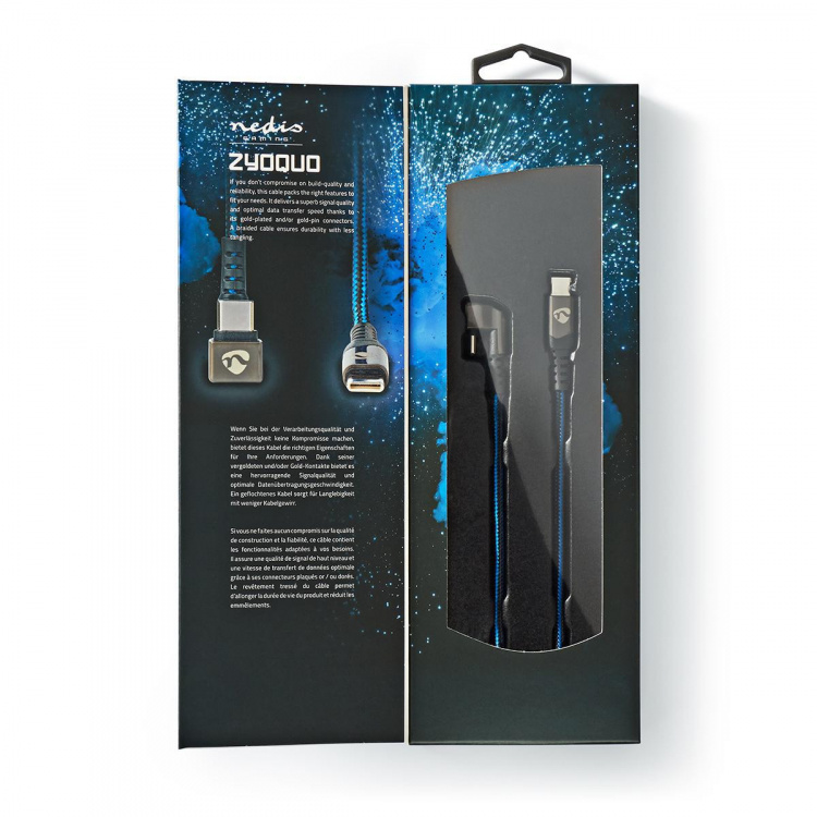 Nedis USB-Kabel | USB 2.0 | USB-C™ Male | USB-C™ Male | 480 Mbps | Verguld | 2.00 m | Rond | Gevlochten / Nylon | Blauw / Zwart | Cover Window Box