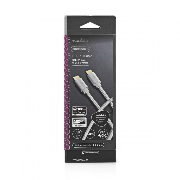 Nedis USB-Kabel | USB 2.0 | USB-C™ Male | USB-C™ Male | 100 W | 480 Mbps | Verguld | 2.00 m | Rond | Gevlochten / Nylon | Zilver | Cover Window Box