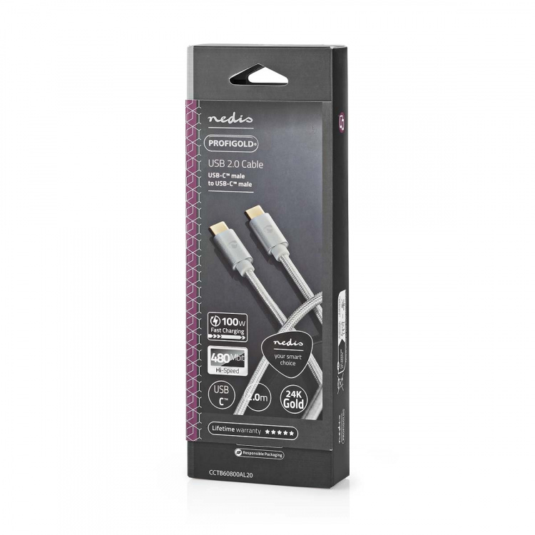 Nedis USB-Kabel | USB 2.0 | USB-C™ Male | USB-C™ Male | 100 W | 480 Mbps | Verguld | 2.00 m | Rond | Gevlochten / Nylon | Zilver | Cover Window Box