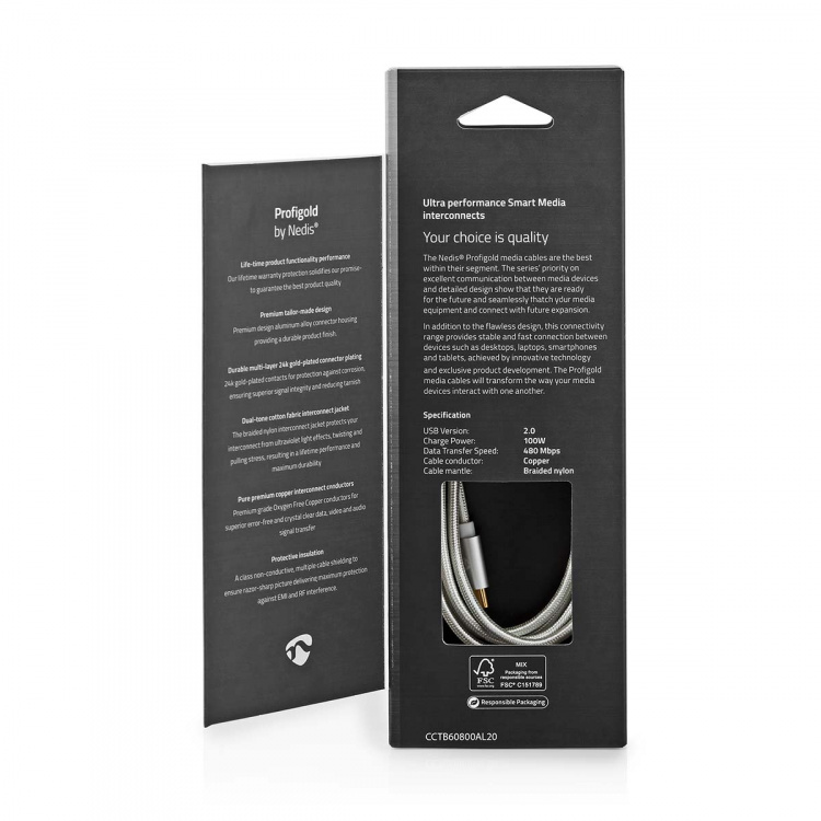 Nedis USB-Kabel | USB 2.0 | USB-C™ Male | USB-C™ Male | 100 W | 480 Mbps | Verguld | 2.00 m | Rond | Gevlochten / Nylon | Zilver | Cover Window Box