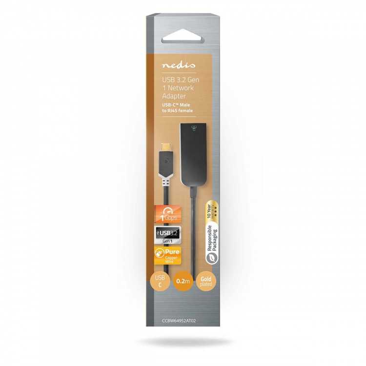 Nedis USB-netwerkadapter | USB 3.2 Gen 1 | 1000 Mbps | USB-C™ Male | RJ45 Female | 0.20 m | Rond | Verguld | Vertind-Koper | Antraciet | Doos