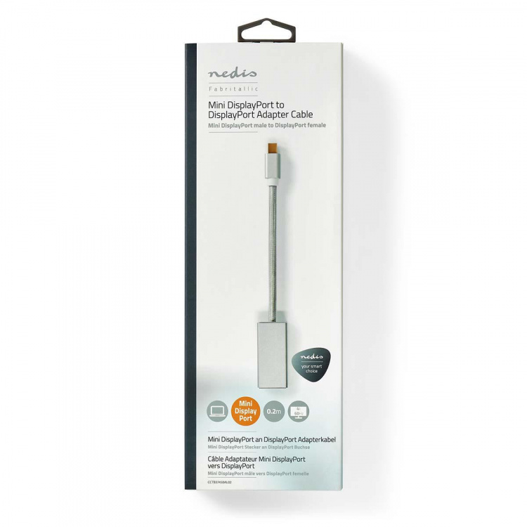 Nedis Mini DisplayPort-Kabel | DisplayPort 1.2 | Mini-DisplayPort Male | DisplayPort Female | 21.6 Gbps | Verguld | 0.20 m | Rond | Gevlochten | Zilver | Cover Window Box