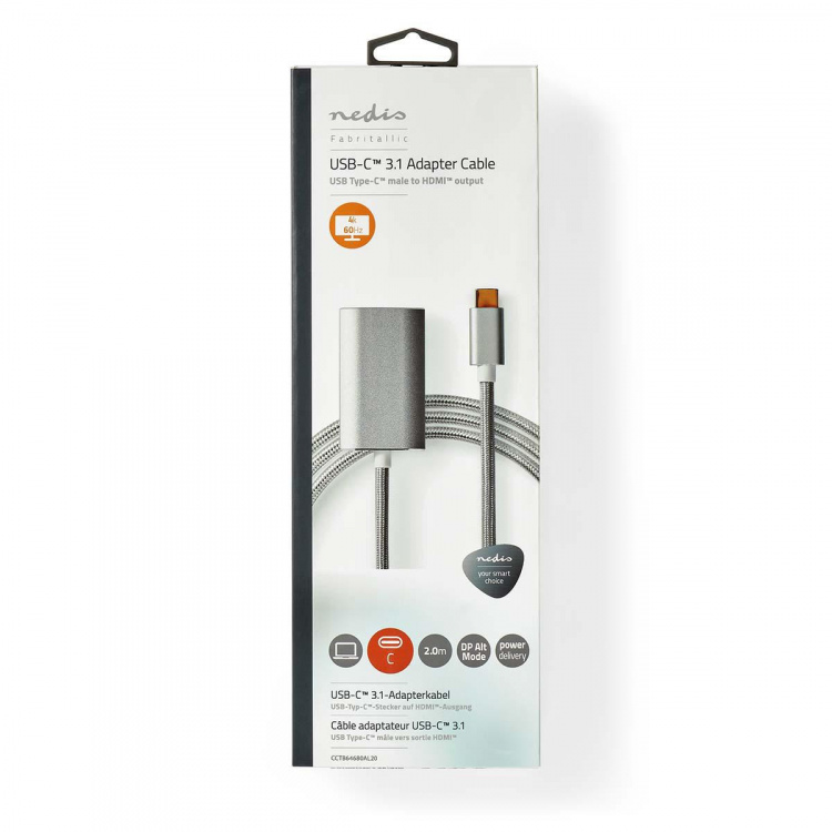 Nedis USB-C™ Adapter | USB 3.2 Gen 1 | USB-C™ Male | HDMI™ Output | 4K@60Hz | Power delivery | 2.00 m | Rond | Verguld | Gevlochten / Nylon | Zilver | Cover Window Box