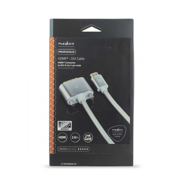 Nedis HDMI™ Kabel | HDMI™ Connector | DVI-D 24+1-Pins Male | 2560x1600 | Verguld | 2.00 m | Recht | Gevlochten | Zilver | Cover Window Box