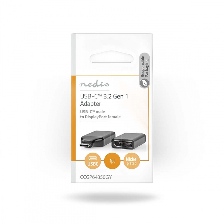 Nedis USB-C™ Adapter | USB 3.2 Gen 1 | USB-C™ Male | DisplayPort Female | 4K@60Hz | Rond | Vernikkeld | Grijs / Zwart | Envelop