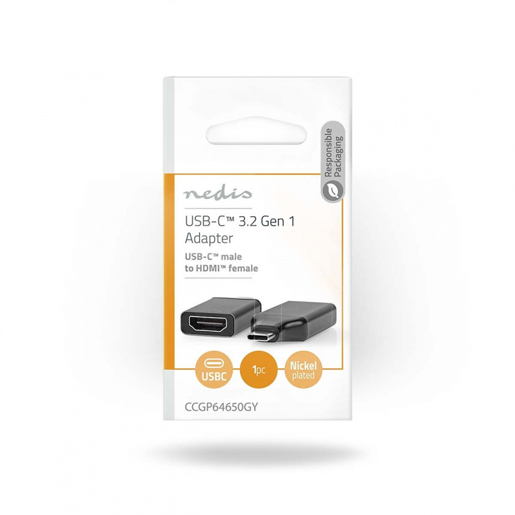 Nedis USB-C™ Adapter | USB 3.2 Gen 1 | USB-C™ Male | HDMI™ Female | 4K@60Hz | Rond | Vernikkeld | Grijs / Zwart | Envelop