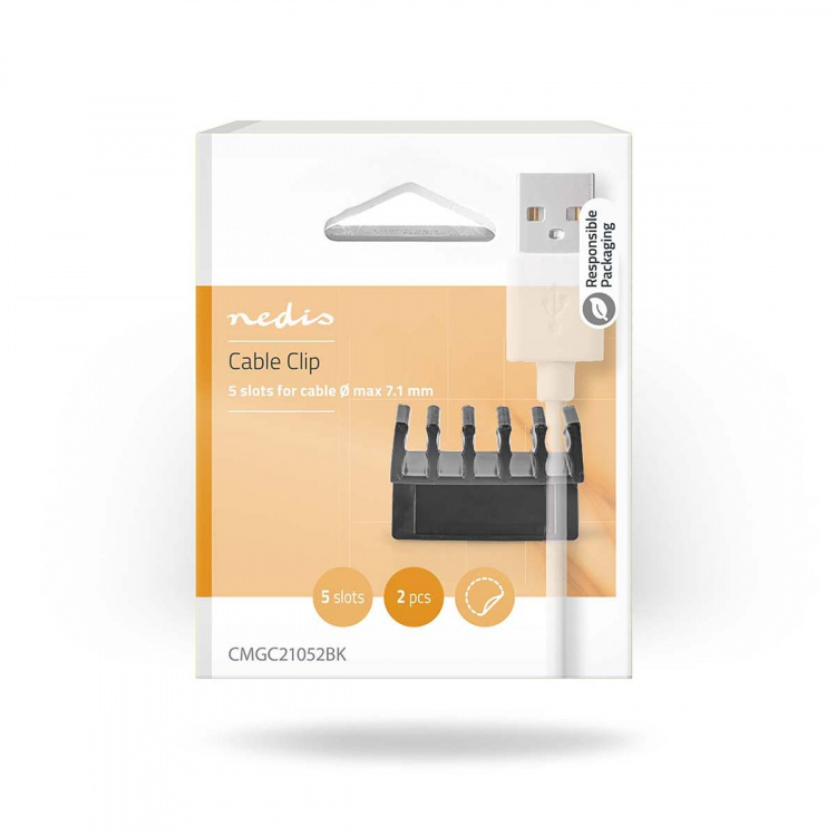 Nedis Kabelmanagement | Kabelclip | Click & Go | 2 Stuks | Aantal sleuven: 5 Sleuven | Maximale kabeldikte: 7.1 mm | Polypropylene | Zwart
