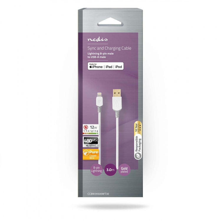 Nedis Lightning Kabel | USB 2.0 | Apple Lightning 8-Pins | USB-A Male | 480 Mbps | Verguld | 3.00 m | Rond | PVC | Grijs / Wit | Doos Nedis Lightning Kabel | USB 2.0 | Apple Lightning 8-Pins | USB-A Male | 480 Mbps | Verguld | 3.00 m | Rond | PVC | Grijs / Wit | Doos