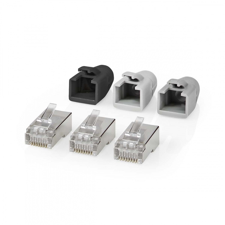 Nedis RJ45-Connector | RJ45 Pass Through | Stevig/Gesnoerd FTP CAT6 | Recht | Verguld | 10 Stuks | Polycarbonate | Grijs / Wit / Zwart | Doos