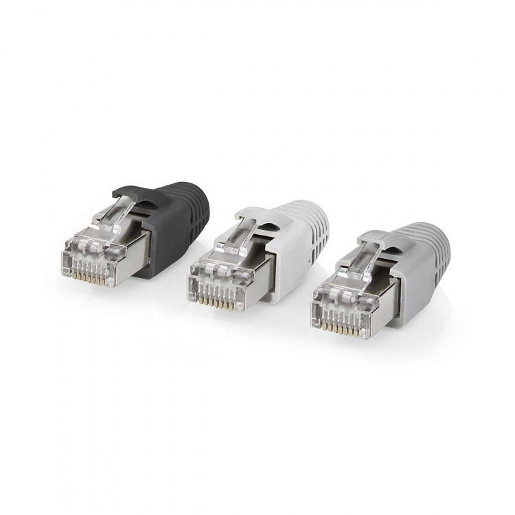 Nedis RJ45-Connector | RJ45 Pass Through | Stevig/Gesnoerd FTP CAT6 | Recht | Verguld | 10 Stuks | Polycarbonate | Grijs / Wit / Zwart | Doos