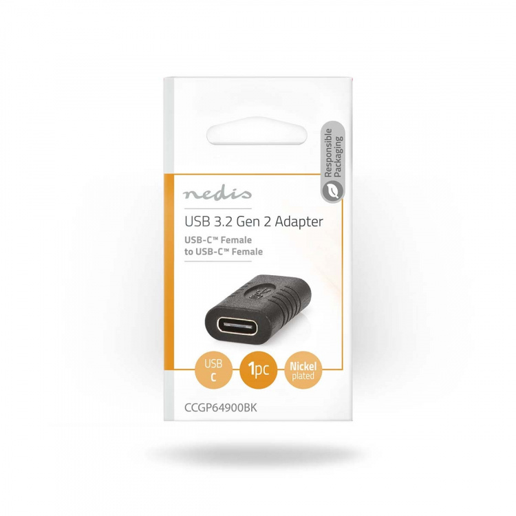 Nedis USB-C™ Adapter | USB 3.2 Gen 2 | USB-C™ Female | USB-C™ Female | 4K@60Hz | 10 Gbps | Rond | Vernikkeld | Zwart | Envelop