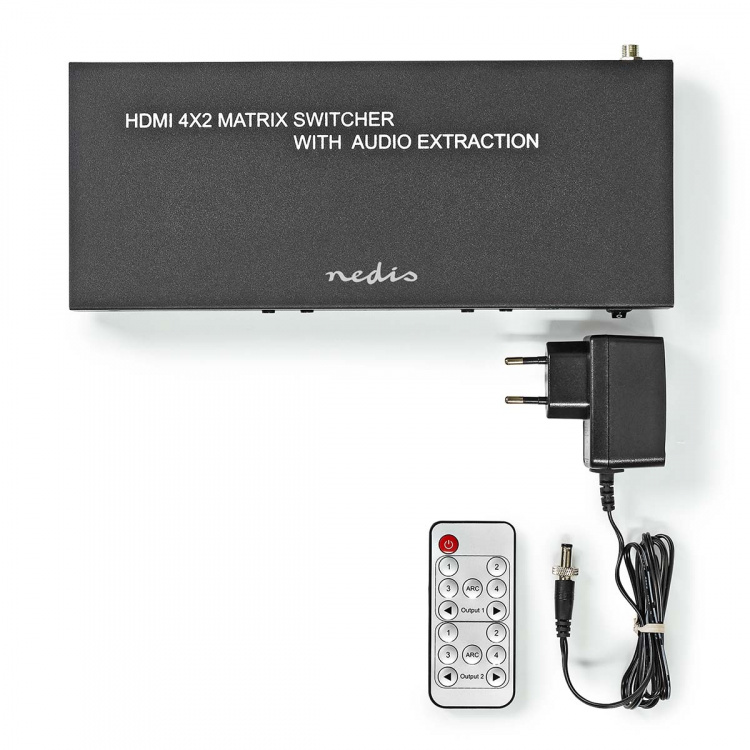 Nedis HDMI™ Matrix-Switch | 4 x 2-Poorts poort(en) | 4x HDMI™ Input | 2x 3.5 mm / 2x HDMI™ Output / 2x TosLink | 4K@60Hz | 18 Gbps | Afstandbestuurbaar | Metaal | Antraciet