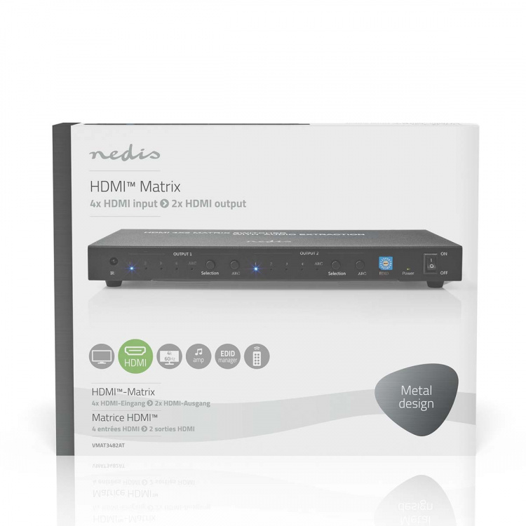 Nedis HDMI™ Matrix-Switch | 4 x 2-Poorts poort(en) | 4x HDMI™ Input | 2x 3.5 mm / 2x HDMI™ Output / 2x TosLink | 4K@60Hz | 18 Gbps | Afstandbestuurbaar | Metaal | Antraciet