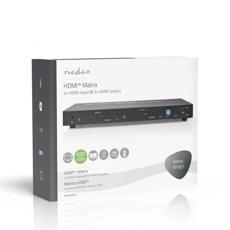 Nedis HDMI™ Matrix-Switch | 4 x 2-Poorts poort(en) | 4x HDMI™ Input | 2x 3.5 mm / 2x HDMI™ Output / 2x TosLink | 4K@60Hz | 18 Gbps | Afstandbestuurbaar | Metaal | Antraciet