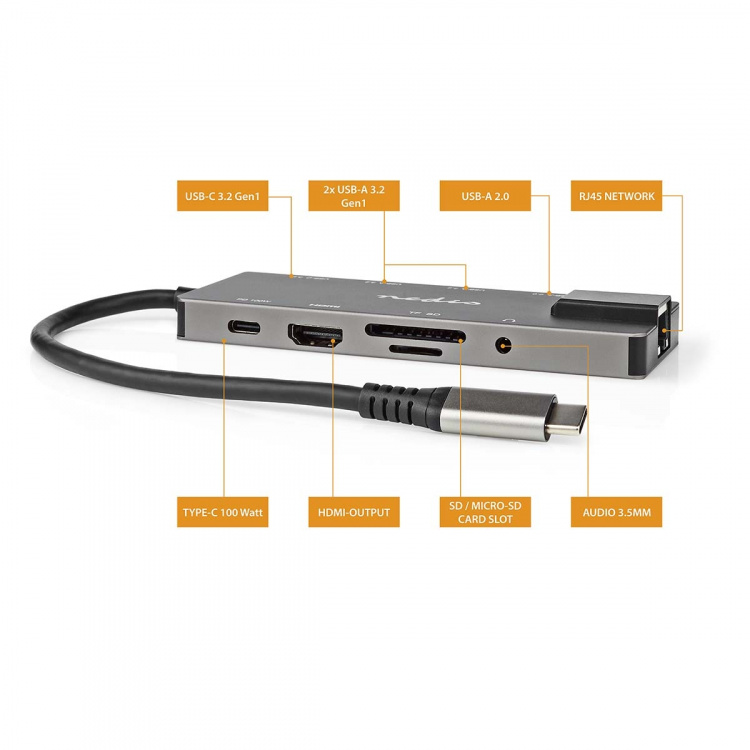 Nedis USB Multi-Port Adapter | 10-in-1 | USB 3.2 Gen 1 | USB-C™ Male | HDMI™ Output / RJ45 Female / SD / 2x USB-C™ / 3,5 mm Female / 3x USB-A Female | 5 Gbps | 0.20 m | Rond | Verguld | PVC | Antraciet | Doos
