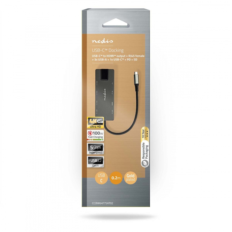 Nedis USB Multi-Port Adapter | 10-in-1 | USB 3.2 Gen 1 | USB-C™ Male | HDMI™ Output / RJ45 Female / SD / 2x USB-C™ / 3,5 mm Female / 3x USB-A Female | 5 Gbps | 0.20 m | Rond | Verguld | PVC | Antraciet | Doos