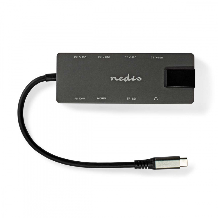 Nedis USB Multi-Port Adapter | 10-in-1 | USB 3.2 Gen 1 | USB-C™ Male | HDMI™ Output / RJ45 Female / SD / 2x USB-C™ / 3,5 mm Female / 3x USB-A Female | 5 Gbps | 0.20 m | Rond | Verguld | PVC | Antraciet | Doos