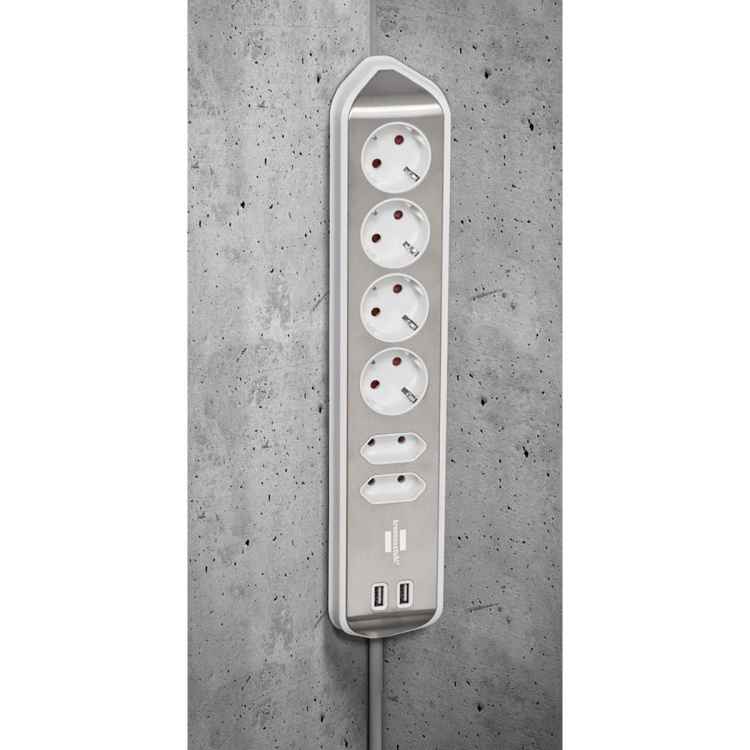 brennenstuhl Estilo 6-voudige hoek-stopcontactstrip met hoogwaardig RVS-oppervlak voor keuken en kantoor (bureaucontactdoos met 4x veiligheidscontactdozen, 2x Euro-stopcontacten, incl. USB-oplaadfunctie) zilver/wit TYPE F brennenstuhl Estilo 6-voudige hoek-stopcontactstrip met hoogwaardig RVS-oppervlak voor keuken en kantoor (bureaucontactdoos met 4x veiligheidscontactdozen, 2x Euro-stopcontacten, incl. USB-oplaadfunctie) zilver/wit TYPE F