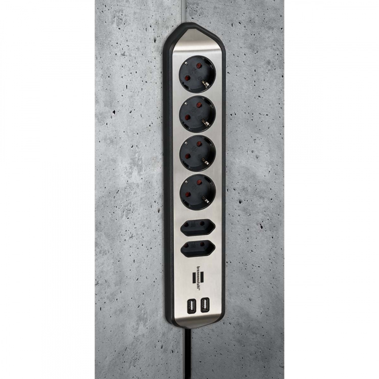 brennenstuhl Estilo 6-voudige hoek-stopcontactstrip met hoogwaardig RVS-oppervlak voor keuken en kantoor (bureaustopcontact met 4x veiligheidscontactdozen, 2x Euro-stopcontacten, incl. USB-oplaadfunctie) TYPE F