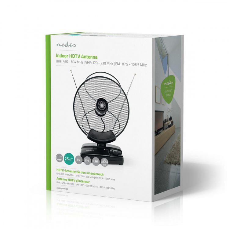 Nedis Binnenantenne | Actief | FM / UHF / VHF | Ontvangstbereik: 0-25 km | LTE700 | Versterking: 36 dB | Versterkingsregelaar | ABS | Zwart