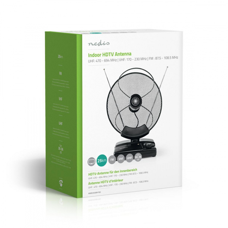 Nedis Binnenantenne | Actief | FM / UHF / VHF | Ontvangstbereik: 0-25 km | LTE700 | Versterking: 36 dB | Versterkingsregelaar | ABS | Zwart