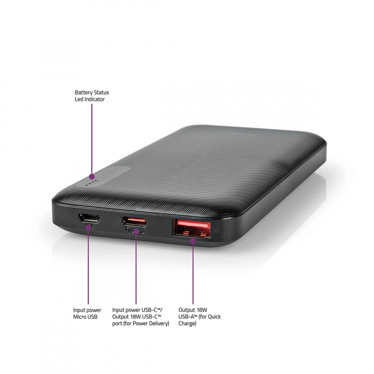 Nedis Powerbank | 10000 mAh | 1.5 / 2.0 / 3.0 A | Outputs: 2 | Output: 1x USB-A / 1x USB-C™ | Inputs: 1x Micro USB / 1x USB-C™ | PD2.0 18W | Lithium-Polymeer Nedis Powerbank | 10000 mAh | 1.5 / 2.0 / 3.0 A | Outputs: 2 | Output: 1x USB-A / 1x USB-C™ | Inputs: 1x Micro USB / 1x USB-C™ | PD2.0 18W | Lithium-Polymeer