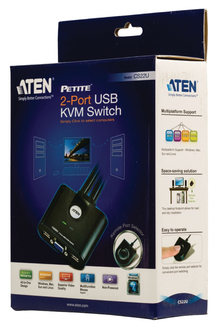 Aten CS22U 2-Poorts USB VGA-kabel KVM-switch met externe poortselectieschakelaar Aten CS22U 2-Poorts USB VGA-kabel KVM-switch met externe poortselectieschakelaar