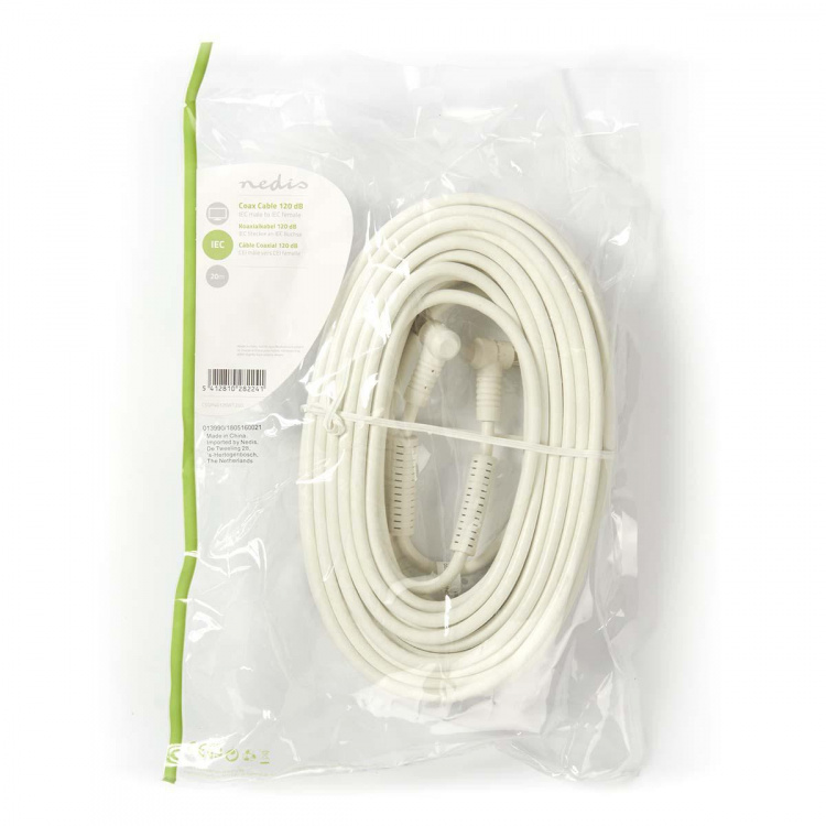 Nedis Coaxkabel | IEC (Coax) Male | IEC (Coax) Female | Vernikkeld | 120 dB | 75 Ohm | Viervoudig Afgeschermd | 20.0 m | Rond | PVC | Wit | Polybag