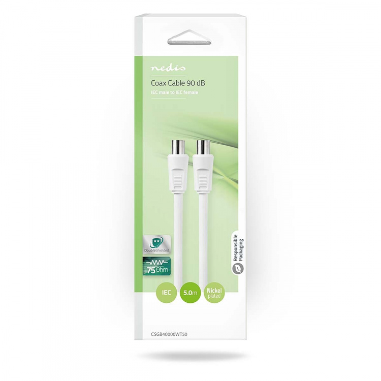 Nedis Coaxkabel | IEC (Coax) Male | IEC (Coax) Female | Vernikkeld | 90 dB | 75 Ohm | Dubbel Afgeschermd | 5.00 m | Rond | PVC | Wit | Doos