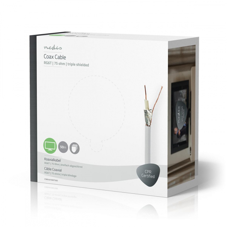 Nedis Coaxkabel op Haspel | RG6T | 75 Ohm | Dubbel Afgeschermd | ECA | 50.0 m | Coax | PVC | Wit | Gift Box