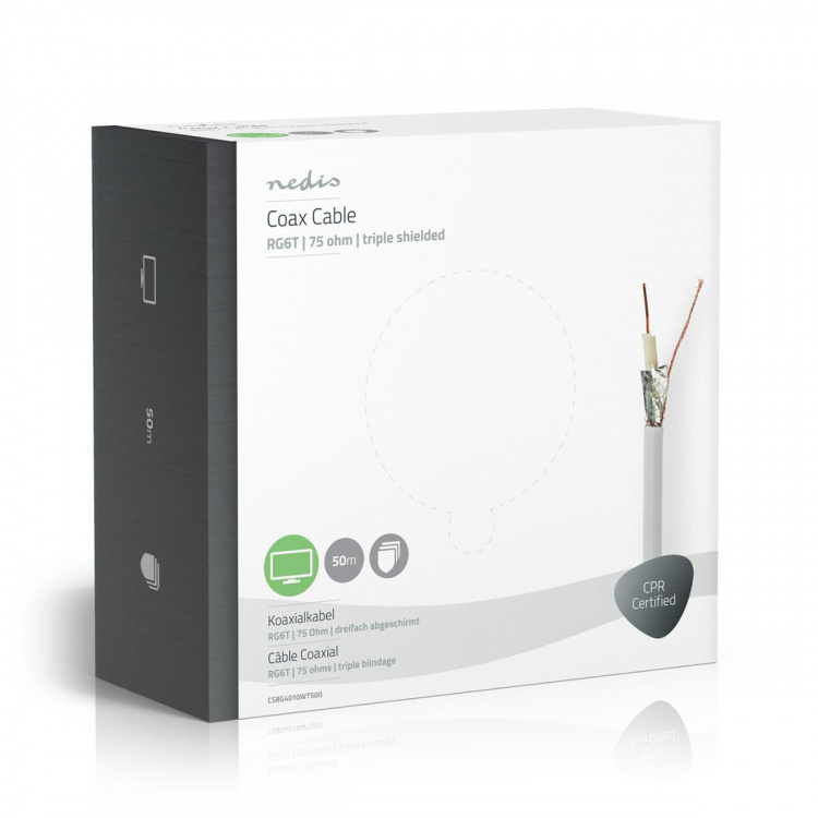 Nedis Coaxkabel op Haspel | RG6T | 75 Ohm | Dubbel Afgeschermd | ECA | 50.0 m | Coax | PVC | Wit | Gift Box